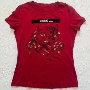 Moschino Jeans Red Tee Sewing Machine Snaps Hooks Embellished M Y2K Retro